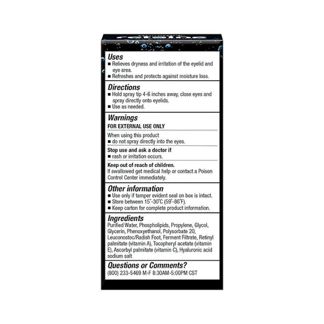The image displays the back of the Ocusoft Retaine Liposome Spray box, detailing uses, directions, and warnings. Infused with hyaluronic acid and advanced liposome technology by OCuSOFT, it ensures optimal eyelid hydration. Ingredients and contact info are included.