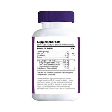 A white bottle labeled Supplement Facts with a purple cap, containing Focus Vitamins Focus Relief Plus Omega-3 Softgels, details nutritional information like caloric content, total fat, cholesterol, and various omega fatty acids for dry eye relief.