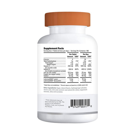 A white bottle with an orange cap labeled as Focus Select Citrus Chewable, an AREDS2-based formula by Focus Vitamins for macular health. It lists supplement facts like carbs, sugar, vitamins C, D, E, niacin, B6, B12, folate—includes amounts per tablet/daily values. Barcode at the bottom.