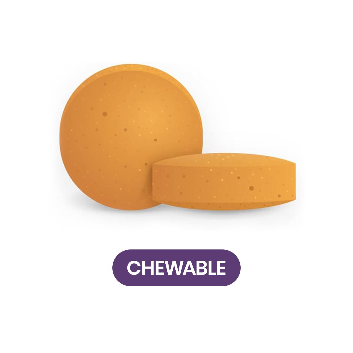 Two round, orange chewable tablets with speckles are shown on a white background; one is upright and the other is flat. Below them, a purple oval reads CHEWABLE in white text, representing Focus Select Citrus Chewable AREDS2 Based Formula by Focus Vitamins for macular health.