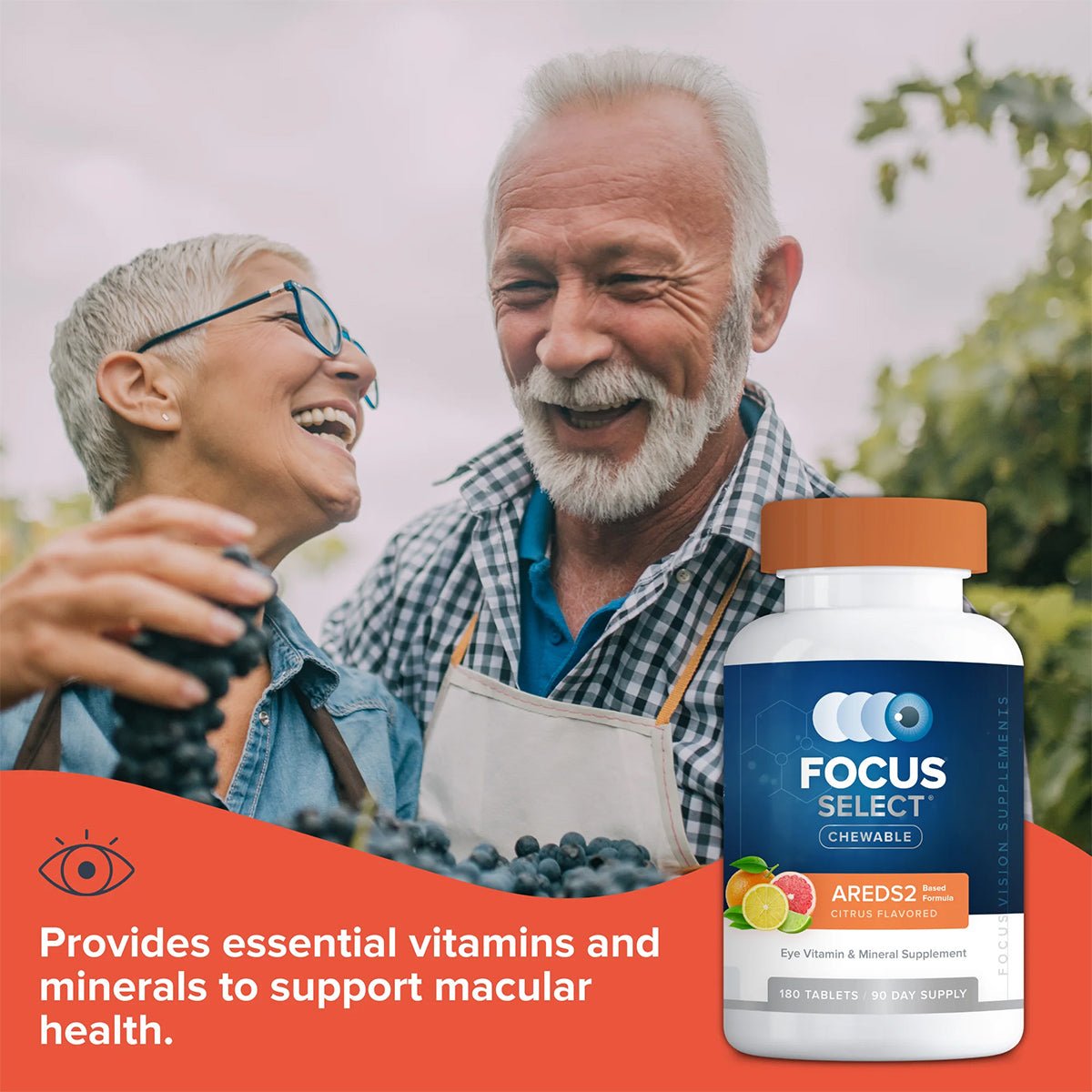 A smiling elderly couple picks grapes, with a bottle of Focus Select Citrus Chewable from Focus Vitamins in the foreground. This AREDS2 formula supports macular health with essential vitamins and minerals, offering a 90-day supply.