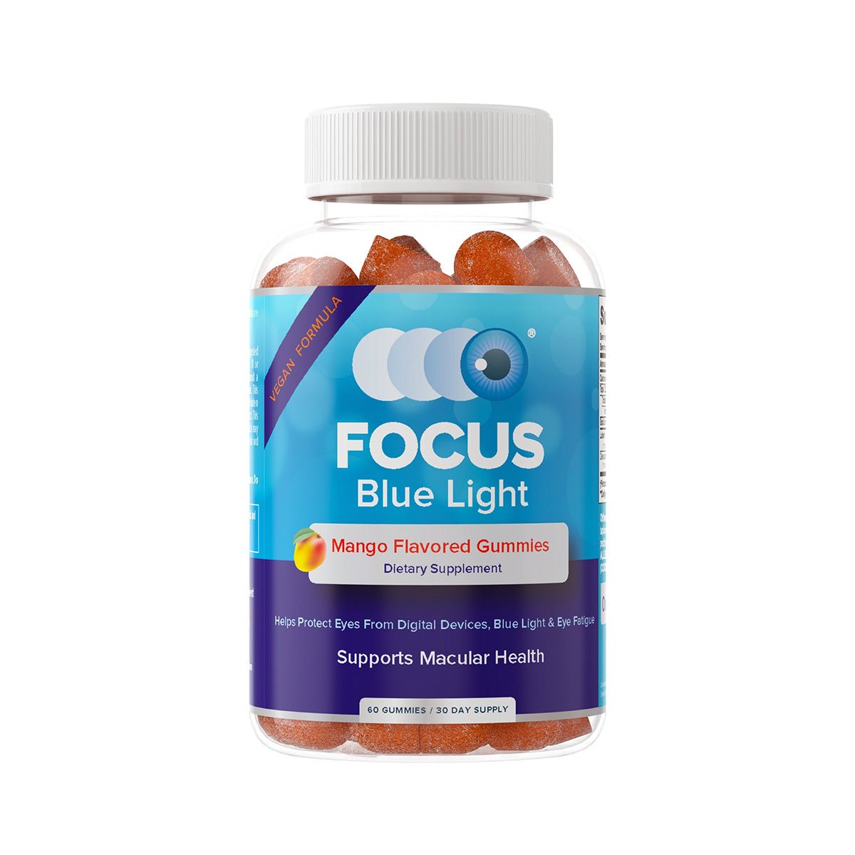 Focus Blue Light Mango Flavored Gummies (60ct, 1 Month Supply) by Focus Vitamins are packed with lutein and zeaxanthin for optimal blue light protection, support macular health, shield from digital devices, and reduce eye fatigue.