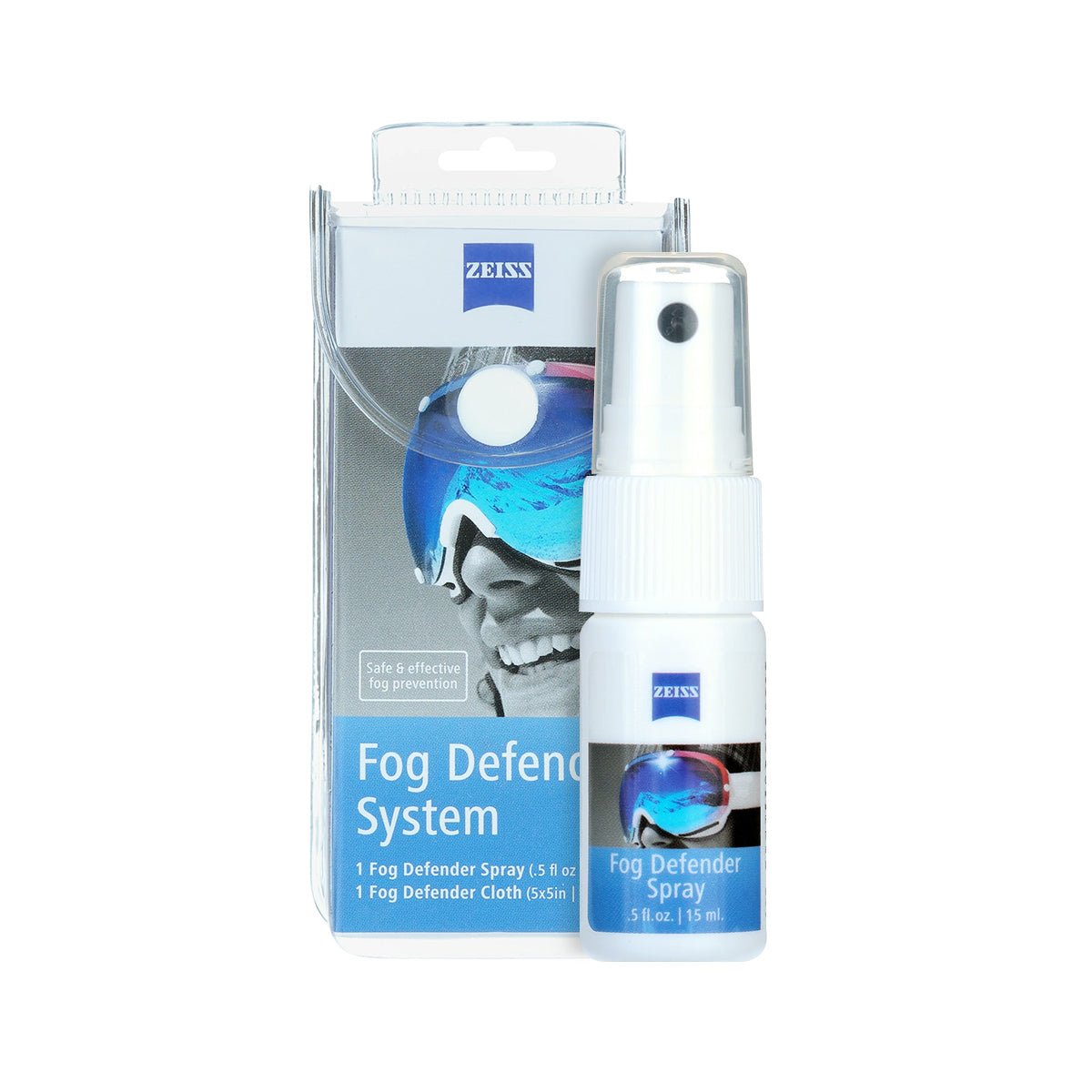 Image of the ZEISS Fog Defender System Anti-Fog Spray for Glasses, showing the spray bottle and its packaging, which features ski goggles and promises fog-free vision with a microfiber cloth.