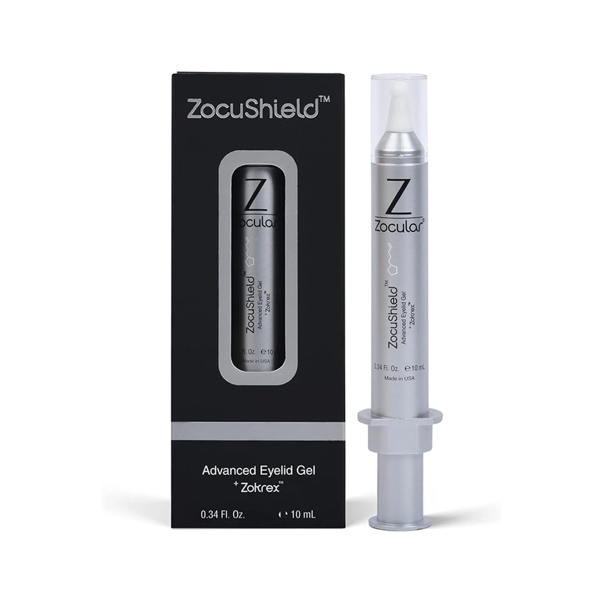 The image shows ZocuShield Gel Eyelid Cleanser by Zocular, with an okra-based complex for dry eye relief. Inside a black box with a window is a sleek silver syringe-like container, capped clear and elegantly labeled with the product name.