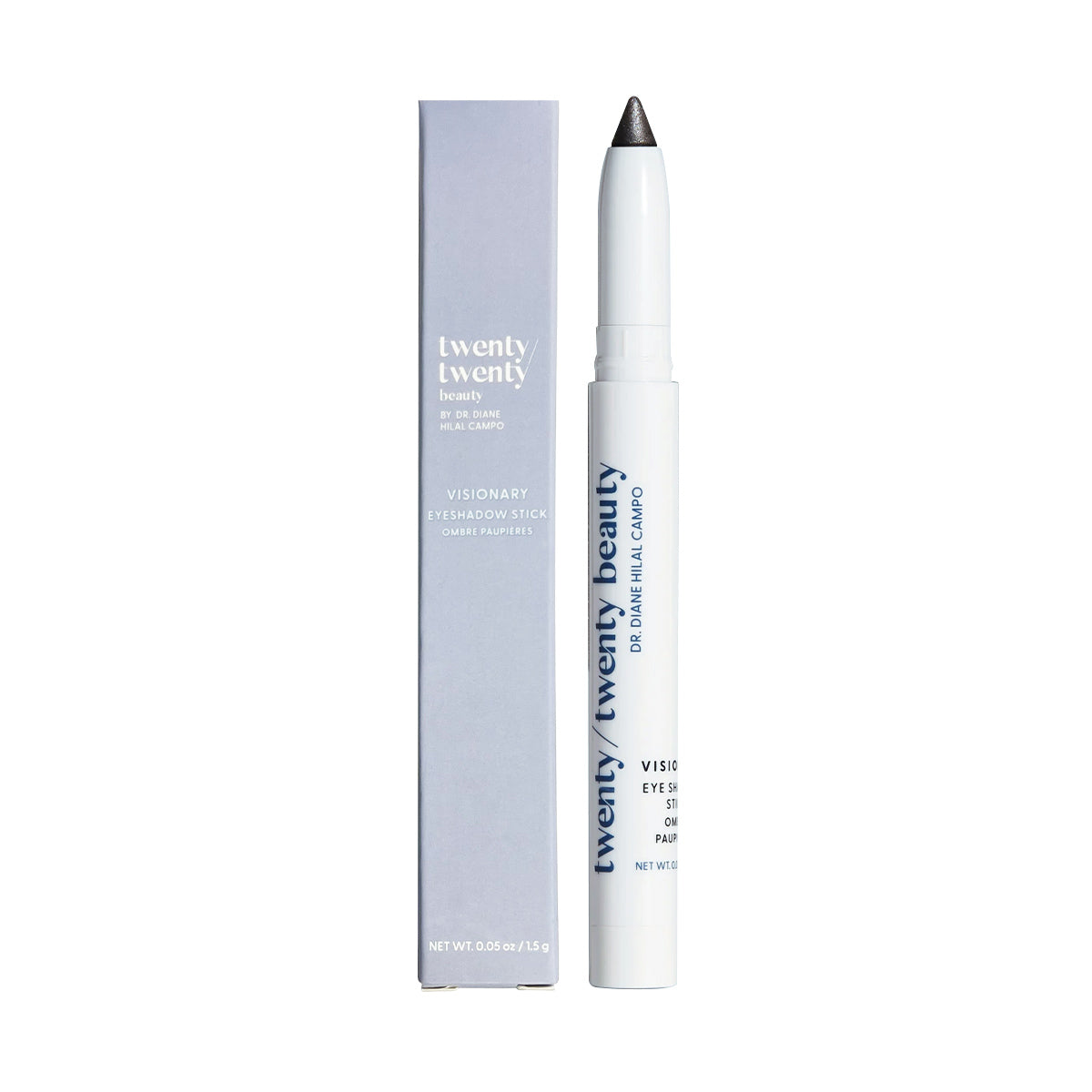 A white and blue eyeliner labeled Twenty Twenty is placed next to its box. The Twenty Twenty Visionary Eye Shadow Stick, with a pointed black tip, is ophthalmologist-tested for dry eye treatment and has VISIONARY EYESHADOW STICK on both the stick and the box.