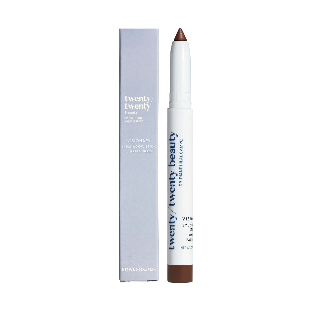The Twenty Twenty Visionary Eye Shadow Stick, packaged with a matching light blue box, offers a creamy brown shade for smooth application. Ophthalmologist-tested and endorsed by Dr. Diane Hilal-Campo, it’s gentle for those needing dry eye treatment.