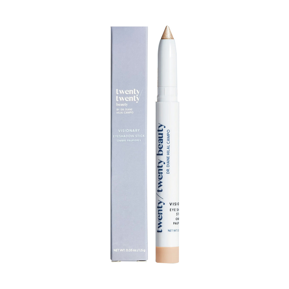 The Twenty Twenty Visionary Eye Shadow Stick, oil-based and flake-free, has a pointed tip and white shade. It comes with matching rectangular packaging featuring blue and white branding that says twenty/twenty beauty, ideal for dry eye treatment and ophthalmologist-tested.
