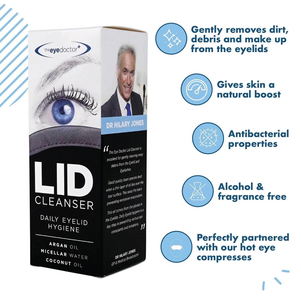 The Eye Doctor Lid Cleansers packaging, adorned with an eye image and a smiling person on the side panel, emphasizes its safe use for sensitive eyes. It removes dirt with antibacterial properties, is alcohol and fragrance-free, and contains argan and coconut oils.