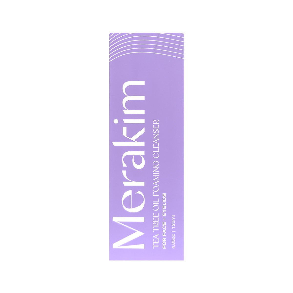 A tall, rectangular purple box features the text: Merakim Tea Tree Oil Foam Facial Cleanser and FOR PERFECT RESULTS. It indicates 120ml or 4.05oz at the bottom, with curved white embellishments on top. This cleanser is perfect for gentle cleansing and reducing ocular inflammation.