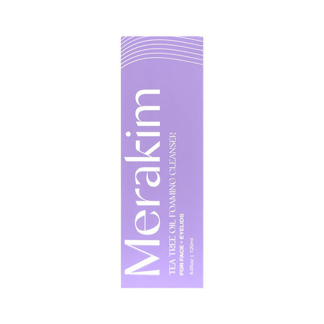 A tall, rectangular purple box features the text: Merakim Tea Tree Oil Foam Facial Cleanser and FOR PERFECT RESULTS. It indicates 120ml or 4.05oz at the bottom, with curved white embellishments on top. This cleanser is perfect for gentle cleansing and reducing ocular inflammation.