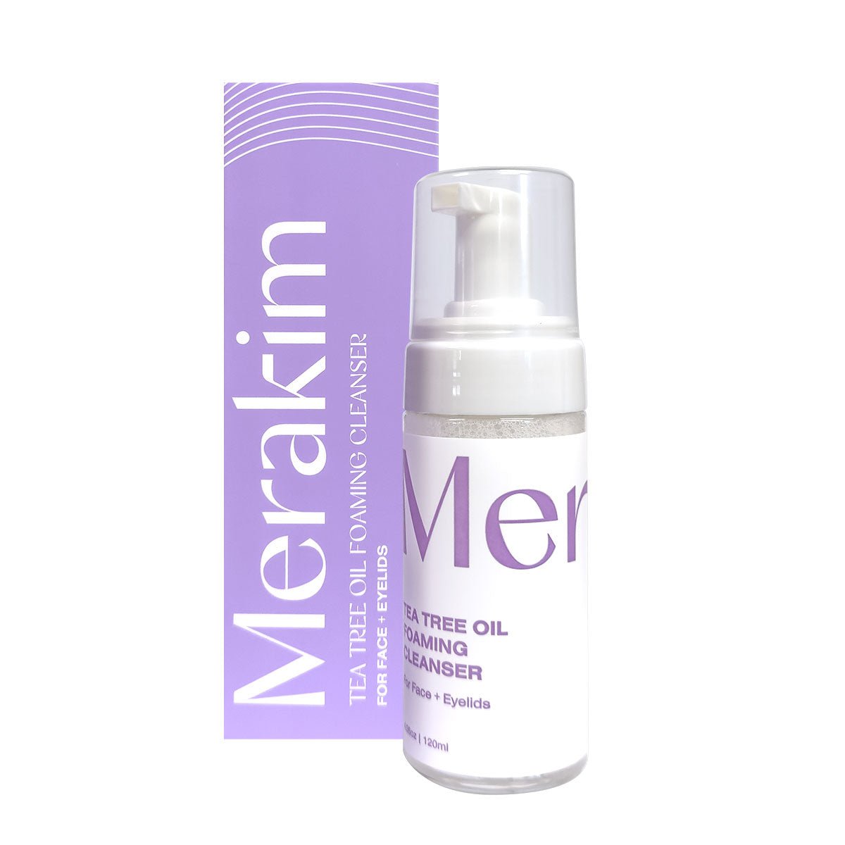 Try Merakims Tea Tree Oil Foam Facial Cleanser (120mL), ideal for calming ocular inflammation. It comes in an elegant white bottle with a clear pump and purple label, alongside a matching box, designed for face and eyelids.