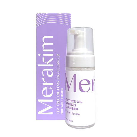 Try Merakims Tea Tree Oil Foam Facial Cleanser (120mL), ideal for calming ocular inflammation. It comes in an elegant white bottle with a clear pump and purple label, alongside a matching box, designed for face and eyelids.