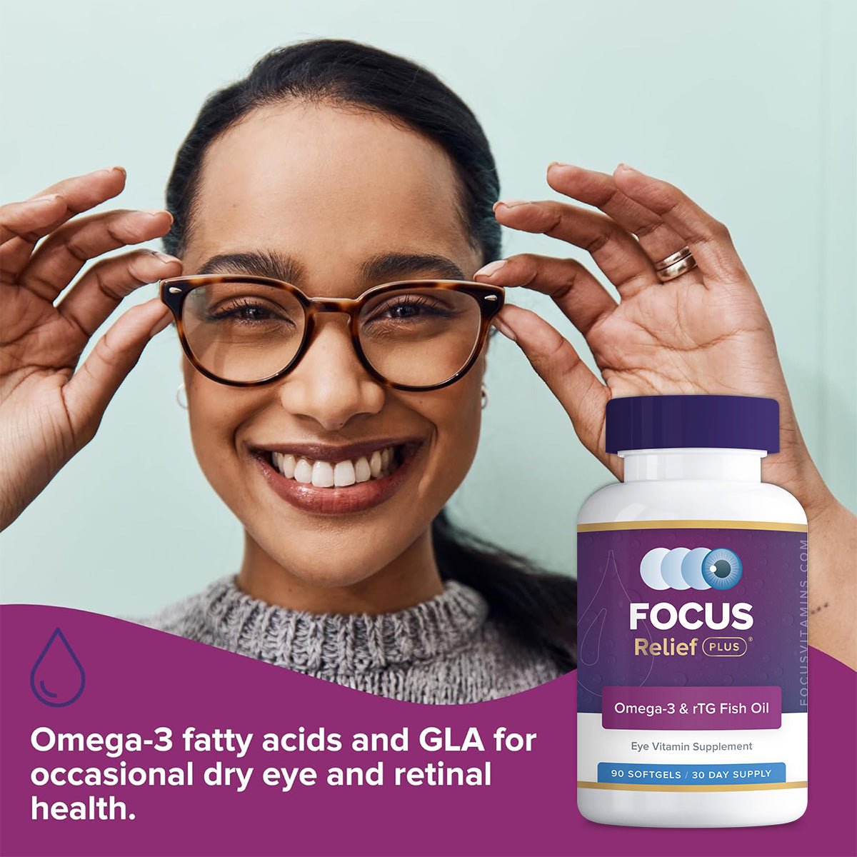 A person with glasses touches their face next to a Focus Vitamins Focus Relief Plus Omega-3 Softgels bottle. The caption reads, Omega-3 supplement for tear production and dry eye relief, supporting retinal health.
