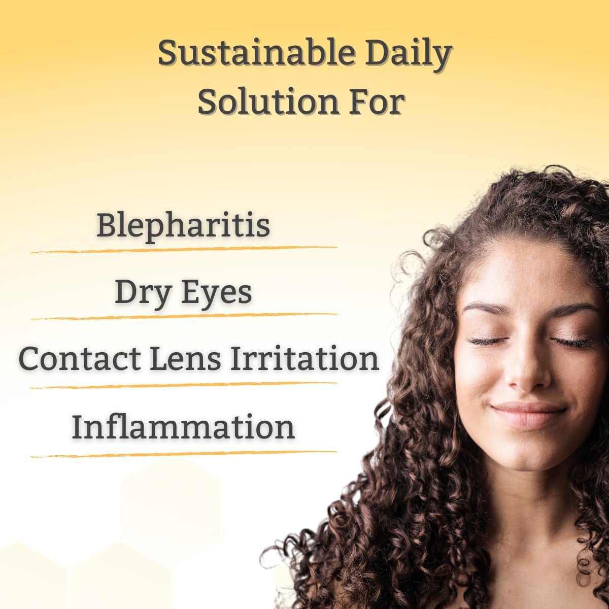A smiling woman with curly hair, eyes closed against a yellow backdrop, showcases TearRestore NeutraWipe Eco Manuka Honey Eyelid Wipes. The text reads, Sustainable Daily Solution For Blepharitis, Dry Eyes, Contact Lens Irritation, Inflammation, featuring biodegradable wipes infused with Manuka honey.