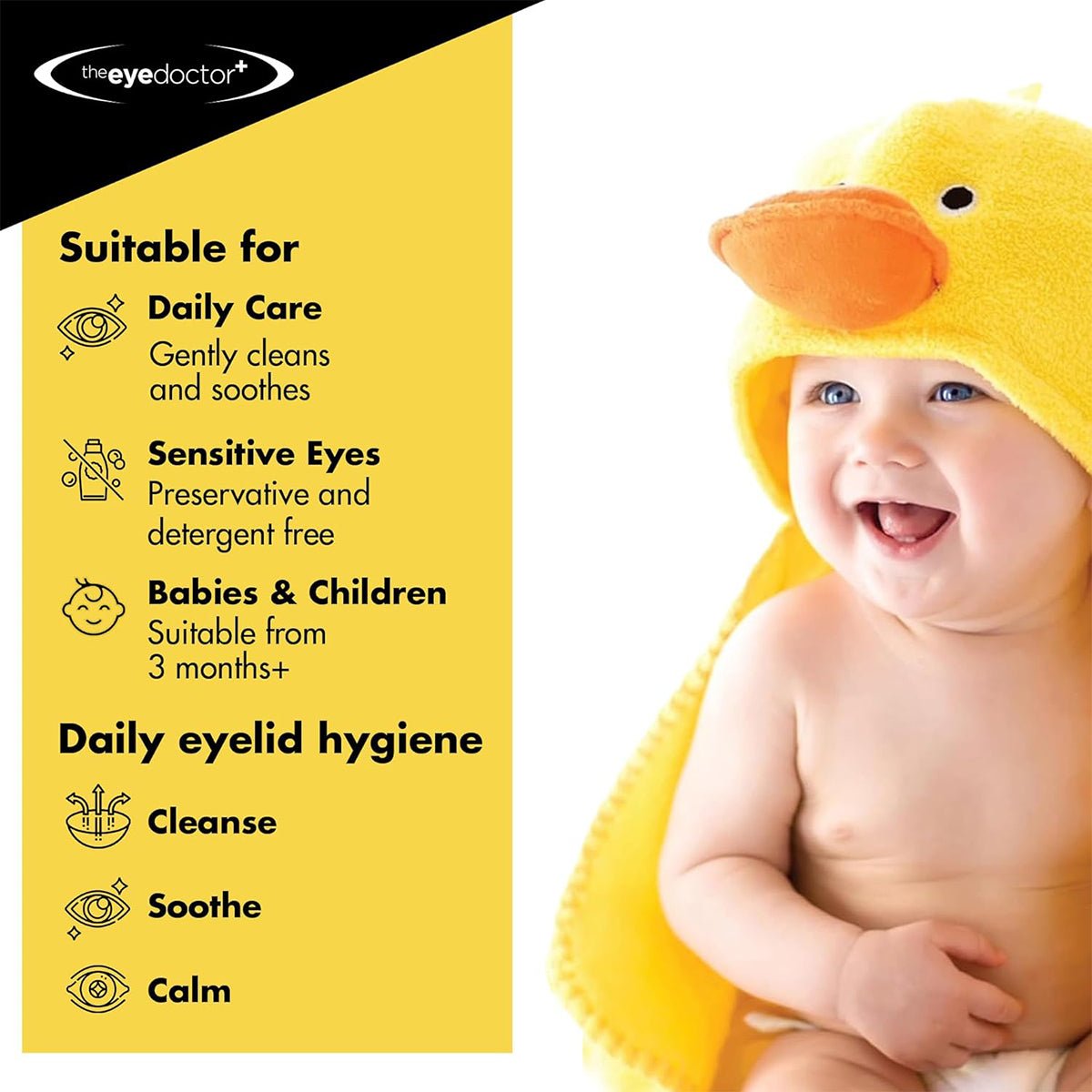 A smiling baby is wrapped in a yellow duck-themed towel. Text on the left promotes The Eye Doctor Sensitive Baby Eye Wipes, which are preservative-free and suitable for daily care, sensitive eyes, and children from 3 months old. Key features include cleanse, soothe, and calm.