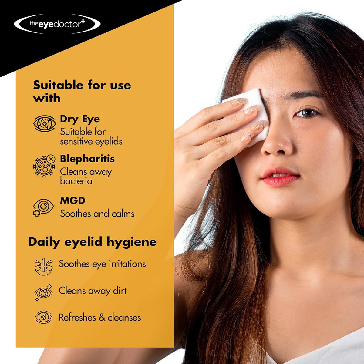 A person uses a cleaning pad on their eyelid. Text emphasizes benefits: ideal for dry eye, blepharitis, and MGD, supporting daily eyelid hygiene with biodegradable wipes. The branding The Eye Doctor and the logo are set against a plain white background.