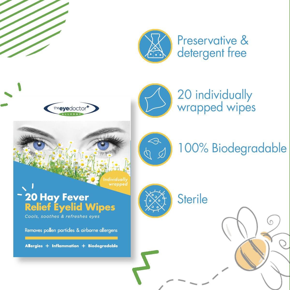 The Eye Doctor Allergy/Hay Fever Relief Eyelid Wipes packaging displays a womans eyes above grass, emphasizing benefits like preservative-free, sterile wipes. With icons for inflammation and allergies, it suits sensitive eyes. A bee icon signifies allergy relief and biodegradability. Contains 20 wipes.