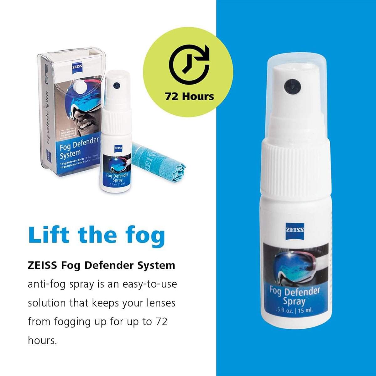 The image shows the ZEISS Fog Defender System Anti-Fog Spray for Glasses, featuring a boxed set with one spray bottle and a microfiber cloth. It emphasizes fog-free vision for up to 72 hours, set against a blue background with Lift the fog in bold text.