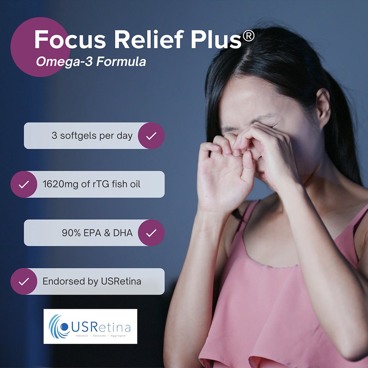 A woman rubs her eyes against a blue backdrop. Text highlights benefits of Focus Vitamins Focus Relief Plus Omega-3 Softgels: 3 softgels/day, 1620mg rTG fish oil with 90% EPA & DHA for dry eye relief and enhanced tear production, endorsed by USRetina. USRetina logo at the bottom.