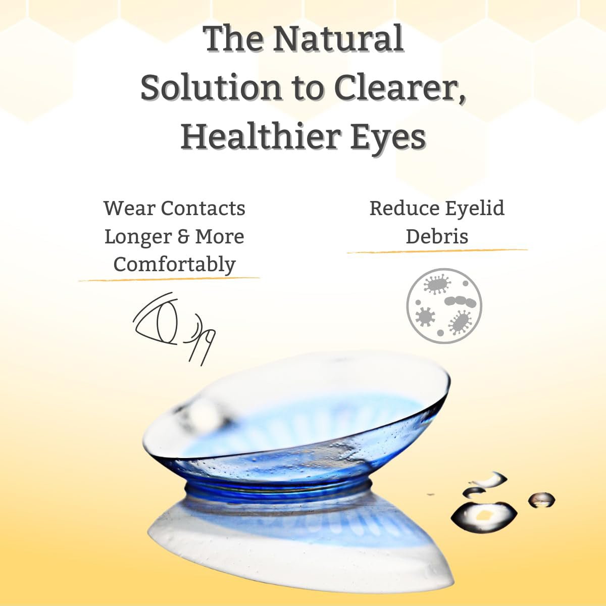 A contact lens with water droplets sits on a reflective surface. Text: The Natural Solution to Clearer, Healthier Eyes. Reduce eyelid debris and wear contacts longer with Manuka honey-infused TearRestore NeutraWipe Eco, a 30-count ultra-soft biodegradable eyelash cleanser. Illustrations show eye debris.