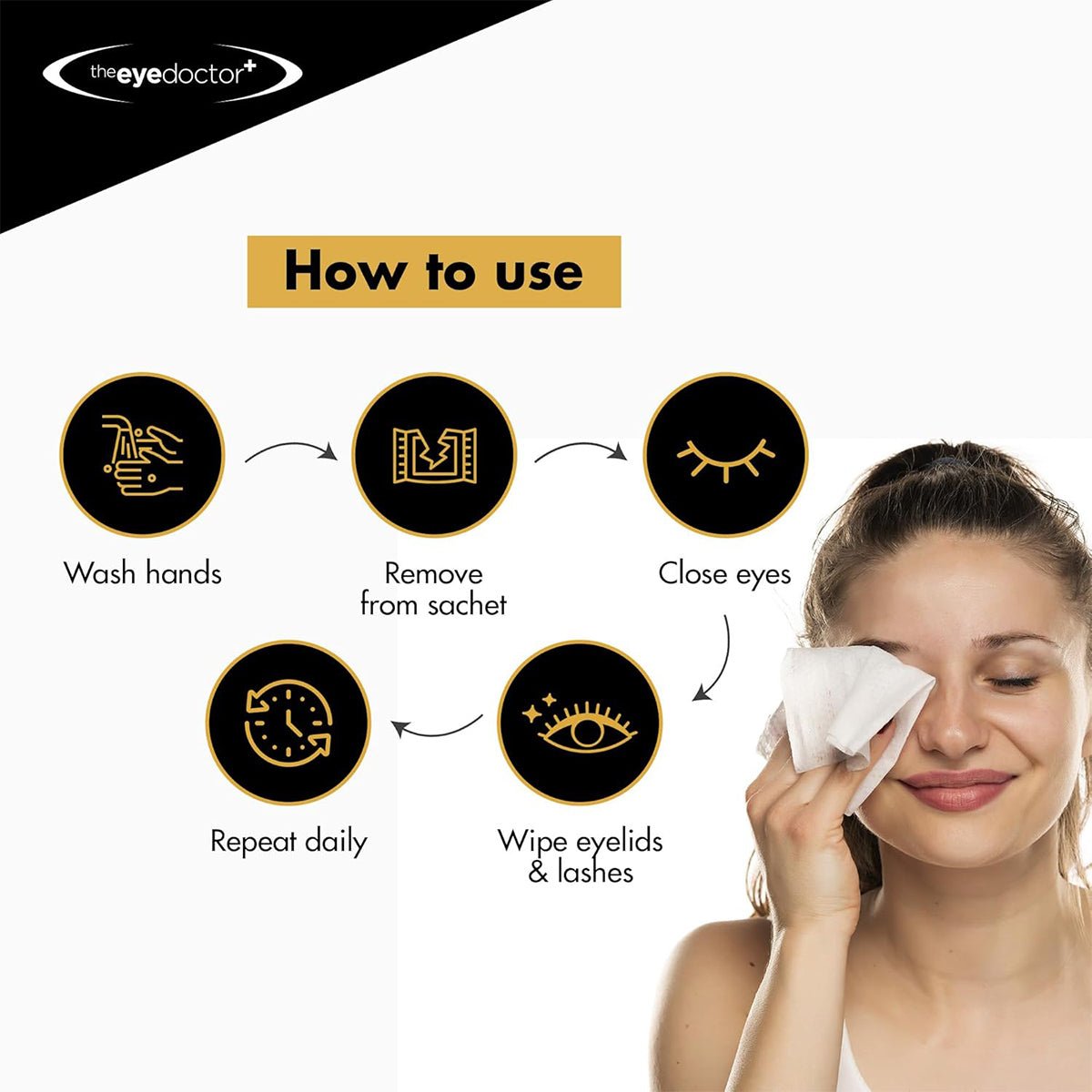 An instructional graphic shows daily eyelid hygiene: wash hands, remove Biodegradable Eyelid Wipes for Eyelid Cleaning 20ct from sachet, close eyes, wipe eyelids and lashes. Repeat daily. A smiling person demonstrates wiping an eye with a wipe. Logo: The Eye Doctor at top left.