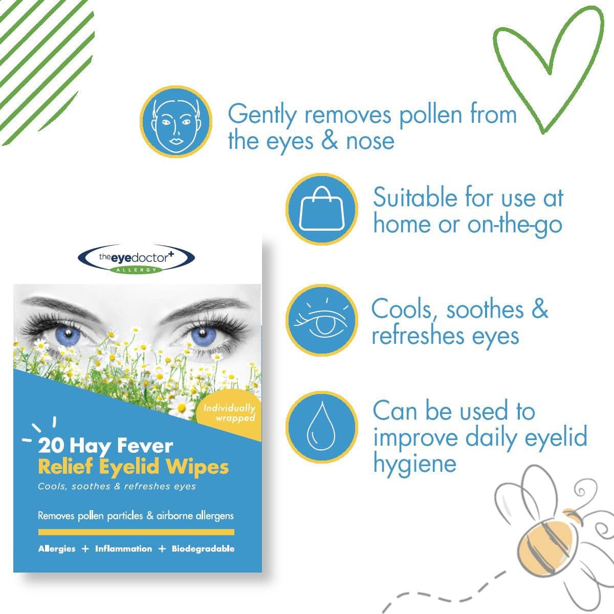 The Eye Doctor Allergy/Hay Fever Relief Eyelid Wipes (20ct) feature an eye image above flowers, offering biodegradable allergy relief by removing pollen. These wipes cool and refresh sensitive eyes, ideal for home or travel, and promote excellent eyelid hygiene.