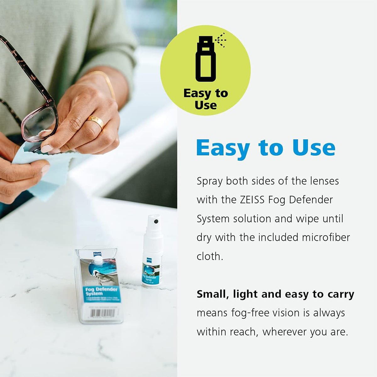 Using the ZEISS Fog Defender System Anti-Fog Spray for Glasses, a person expertly cleans their glasses with the included microfiber cloth and spray bottle for fog-free, crystal-clear vision, highlighting Zeisss simple yet effective lens cleaning solution.