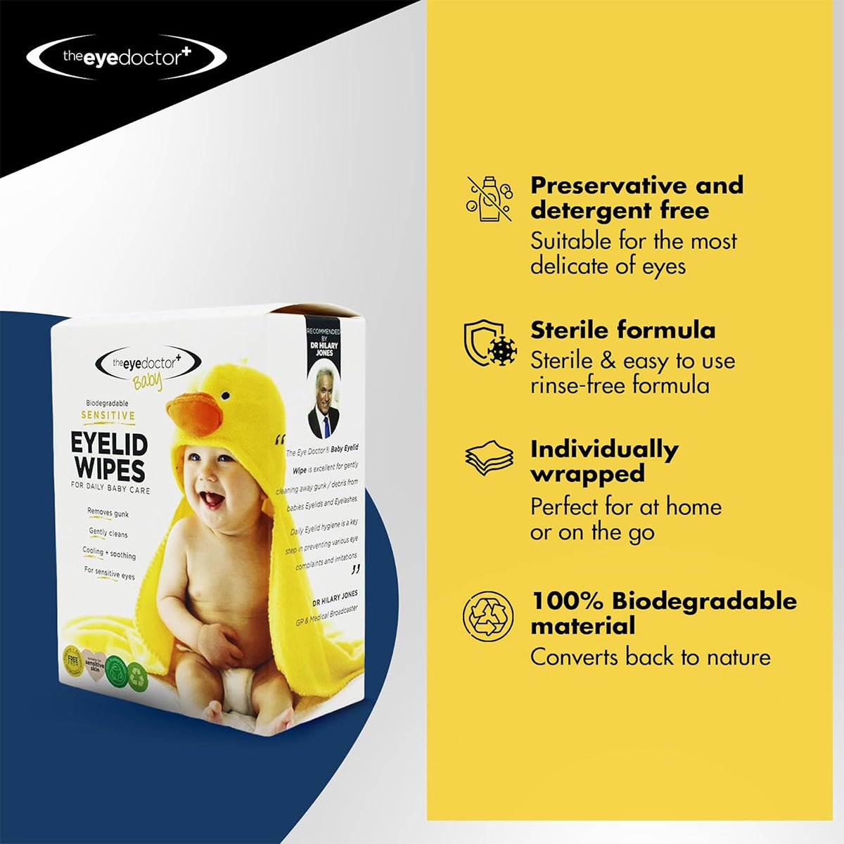 The Eye Doctors Sensitive Baby Eye Wipes feature a smiling baby in a yellow duck towel. These 20 preservative-free, sterile, and biodegradable wipes are individually wrapped and perfect for sensitive eyes.