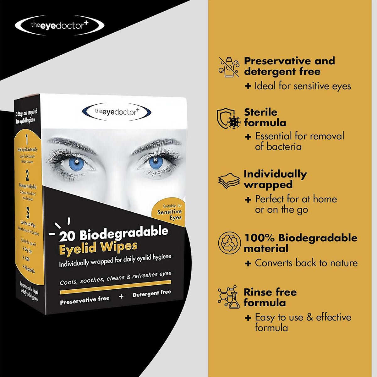 Product packaging for The Eye Doctors Biodegradable Eyelid Wipes for Eyelid Cleaning 20ct showcases features: preservative-free, sterile, individually wrapped, rinse-free, ideal for daily eyelid hygiene. An eye graphic is on the boxs left side.