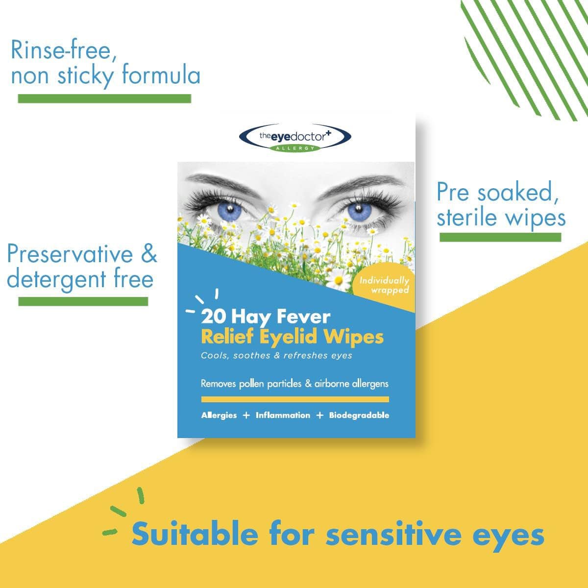 Packaging for The Eye Doctor Allergy/Hay Fever Relief Eyelid Wipes (20ct) showcases an eye design with slogans about being rinse-free, non-sticky, and preservative-free. The pre-soaked, biodegradable wipes offer relief for sensitive eyes.