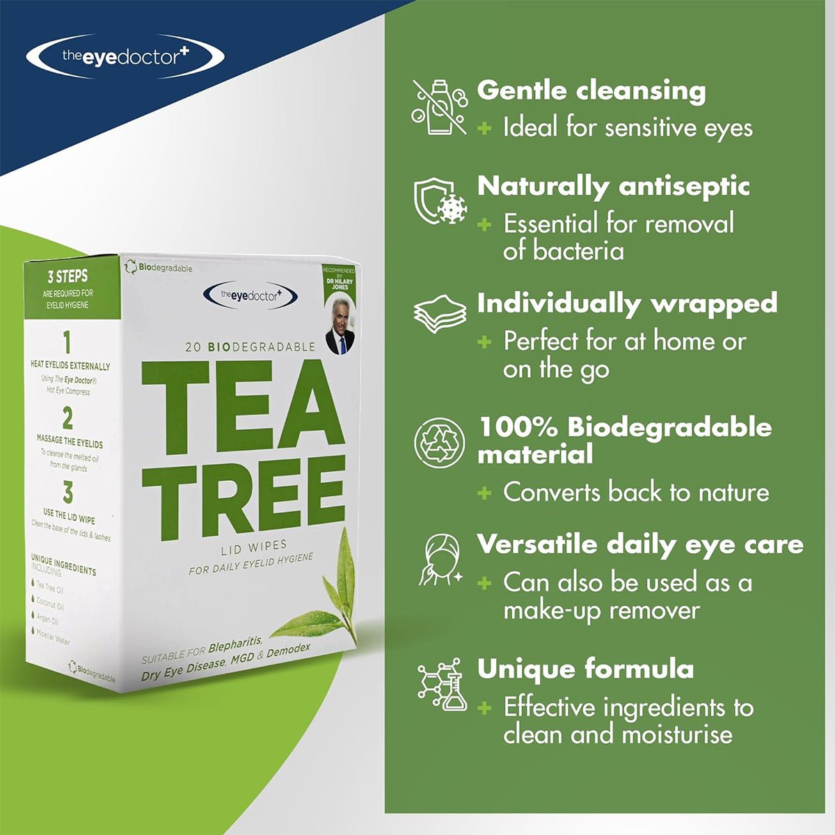 Promotional image for The Eye Doctor Tea Tree Oil Lid Wipes (20ct) shows a green and white package emphasizing eyelid hygiene. Text highlights gentle cleansing, natural ingredients, individually wrapped biodegradable wipes for versatile daily use, ideal for Dry Eyes care with a unique formula.