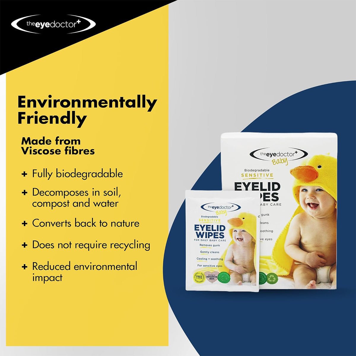 The Eye Doctor Sensitive Baby Eye Wipes packaging features a smiling baby in a duck hood towel. These 20ct wipes are preservative-free, made from biodegradable viscose fibers, and eco-friendly, ideal for sensitive eyes with no need for recycling.