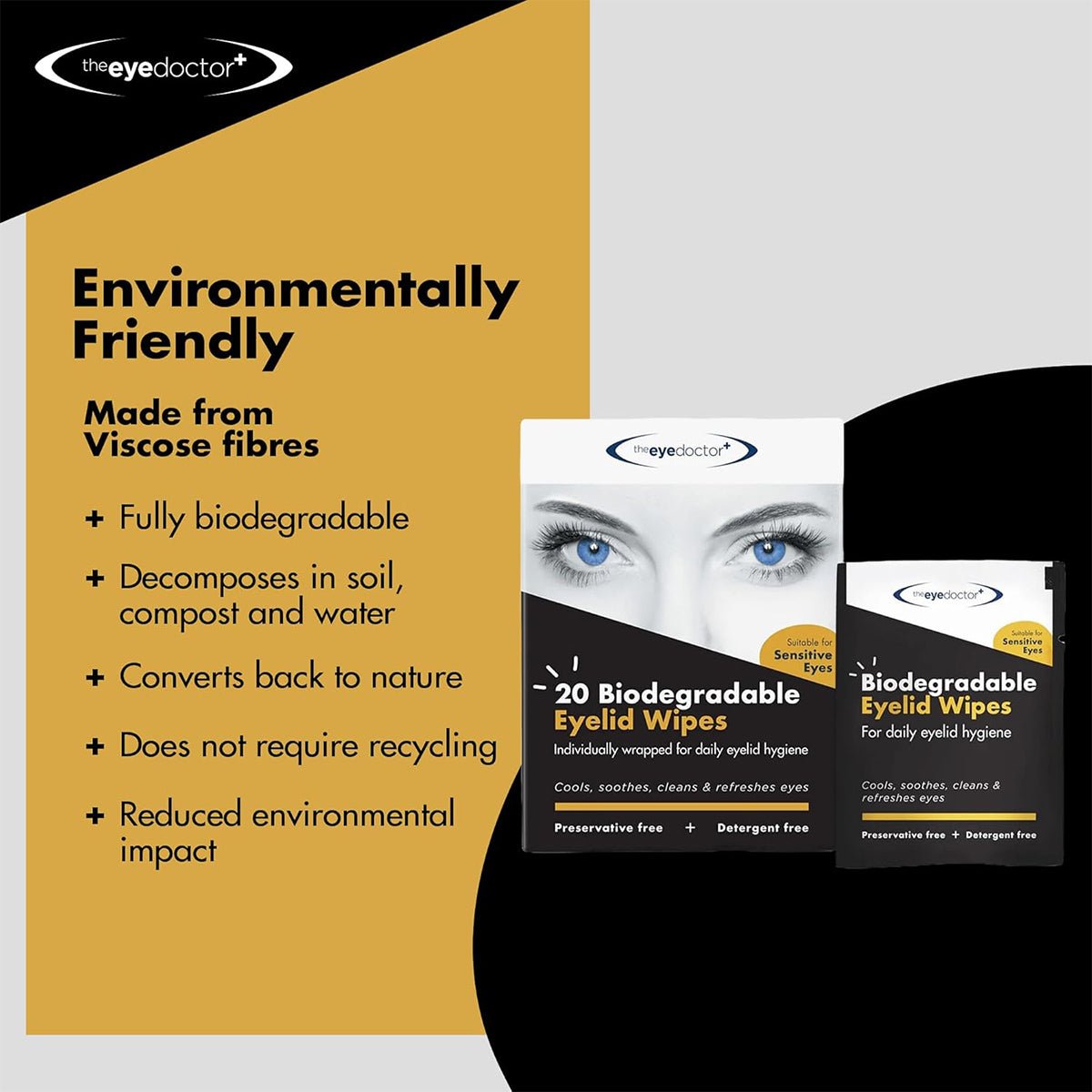 Advertisement for The Eye Doctors Biodegradable Eyelid Wipes for Eyelid Cleaning 20ct on a black and mustard background. Featuring eco-friendly viscose fibers, these wipes are fully biodegradable and ideal for daily eyelid care, naturally decomposing to minimize environmental impact.