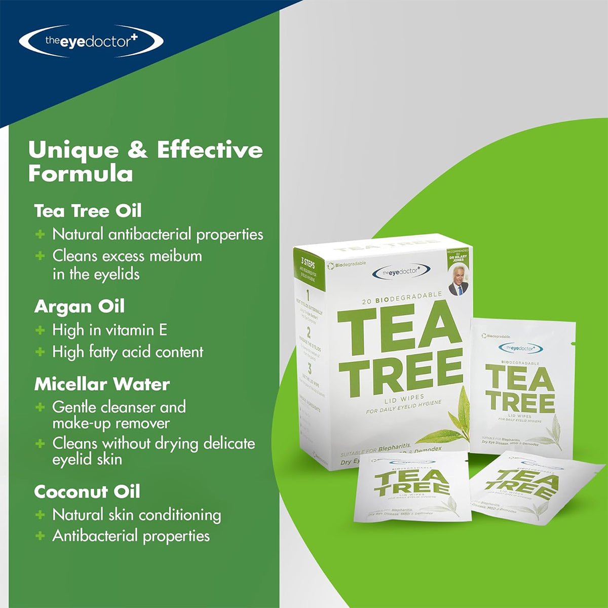 The image showcases an ad for The Eye Doctor Tea Tree Oil Lid Wipes (20ct) by The Eye Doctor, highlighting eyelid hygiene and Dry Eye management. Featuring tea tree, argan oil, micellar water, and coconut oil for their benefits, the wipes packaging is prominently displayed.