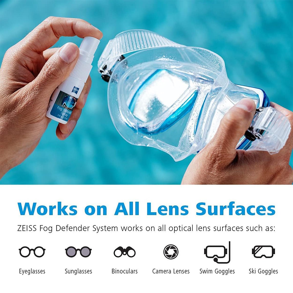 A person holds a scuba mask and a bottle labeled ZEISS Fog Defender System. Experience fog-free vision for glasses, sunglasses, binoculars, camera lenses, swim goggles, and ski goggles with the ZEISS Fog Defender System Anti-Fog Spray and included microfiber cloth.