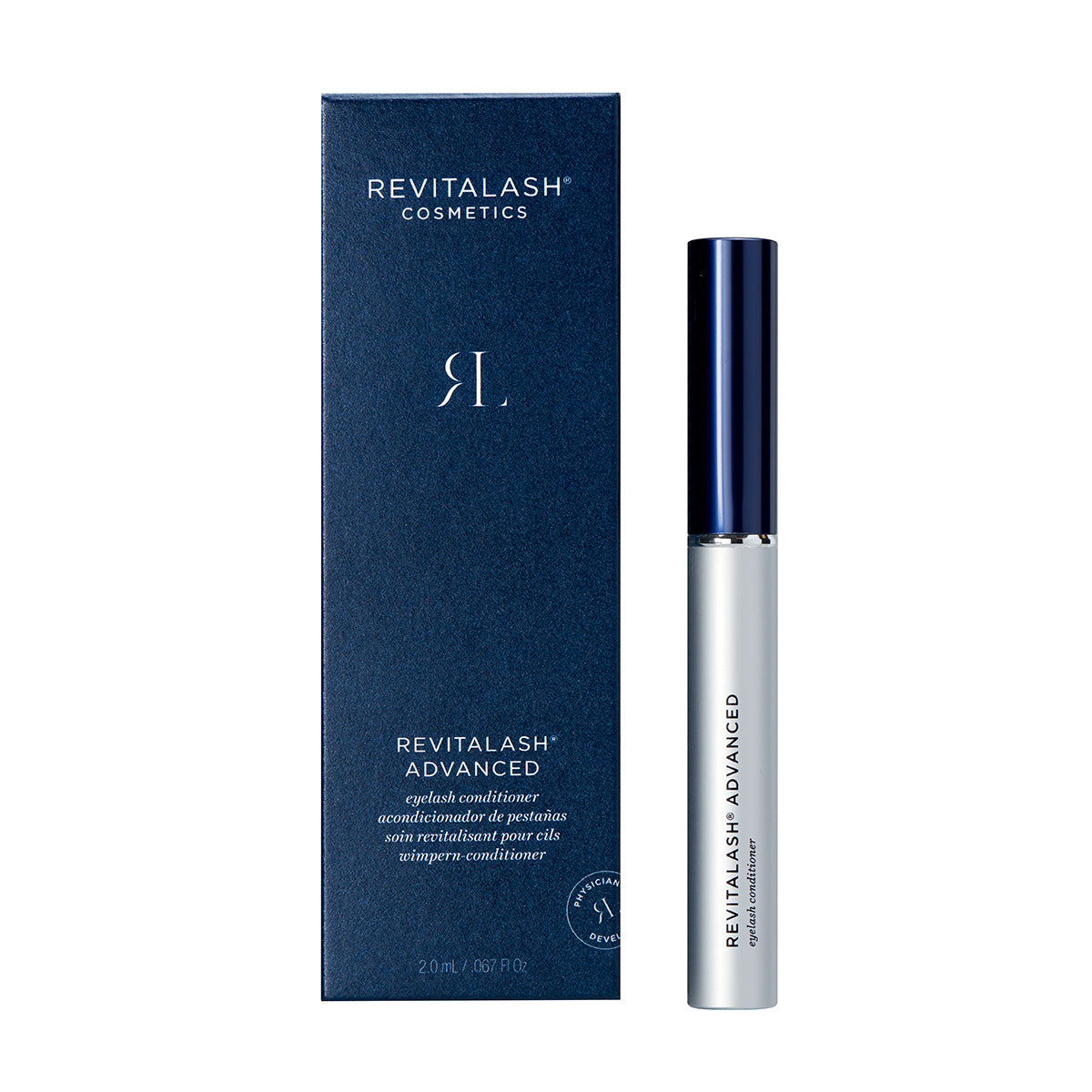 A box of RevitaLash with a sleek, silver tube capped in dark blue stands next to the RevitaLash Advanced Eyelash Conditioner and Enhancing Serum. Both packaging highlight the products effective lash-enhancing benefits.
