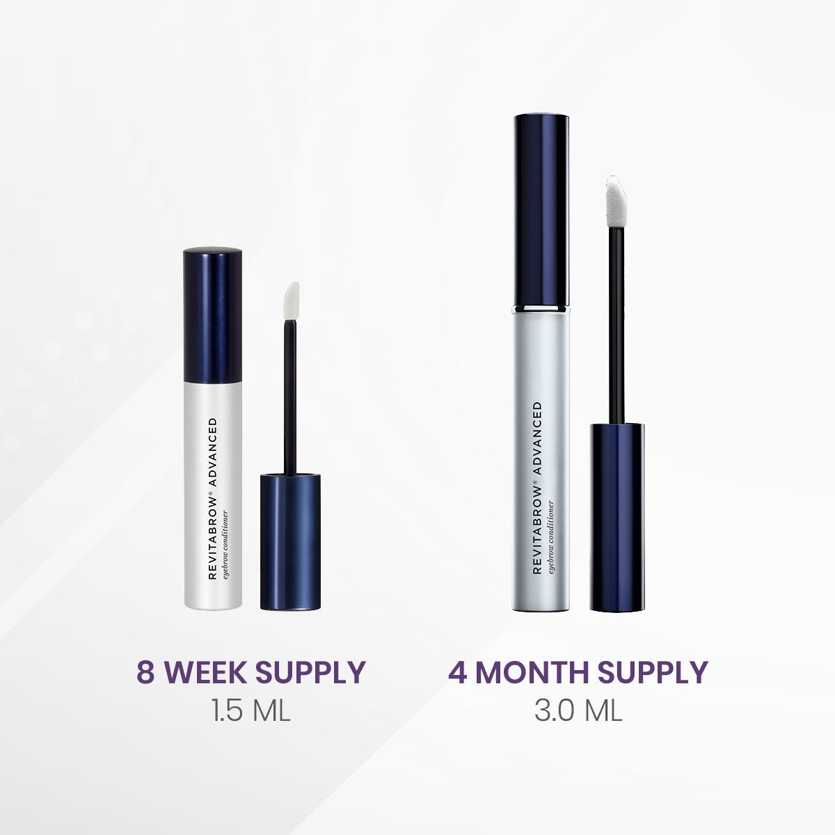 Two RevitaLash RevitaBrow Advanced Eyebrow Conditioner Serums are shown: a 1.5 ml tube labeled 8 Week Supply and a 3.0 ml tube labeled 4 Month Supply, both featuring BioPeptin Complex®, with dark blue caps and applicator brushes for lash and brow conditioning.
