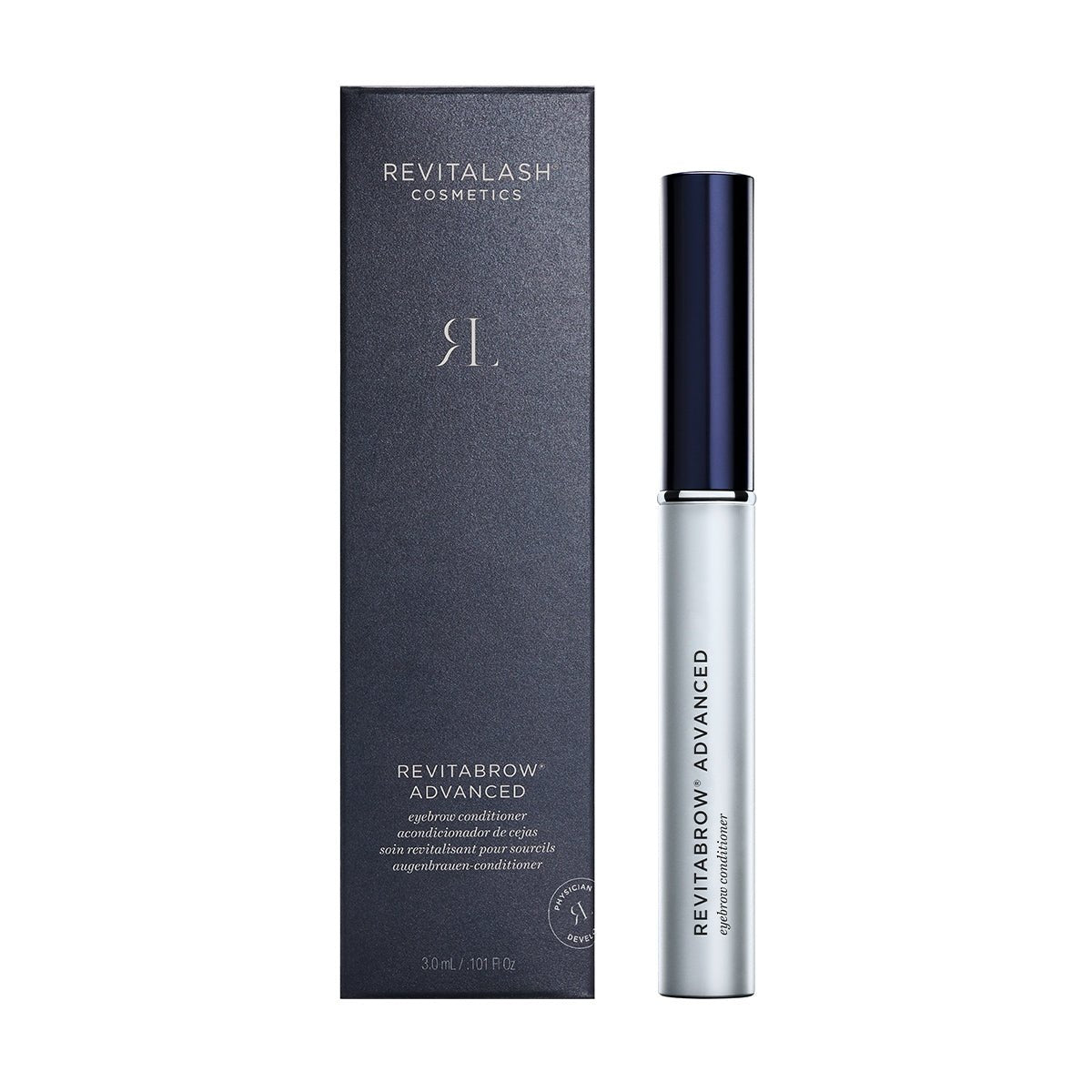 A RevitaLash product is shown in a sleek dark gray box with the logo and name, alongside a silver tube labeled RevitaBrow Advanced Eyebrow Conditioner Serum, an eyebrow serum formulated with BioPeptin Complex® to combat aging.