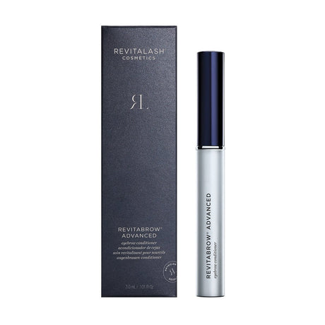 A RevitaLash product is shown in a sleek dark gray box with the logo and name, alongside a silver tube labeled RevitaBrow Advanced Eyebrow Conditioner Serum, an eyebrow serum formulated with BioPeptin Complex® to combat aging.
