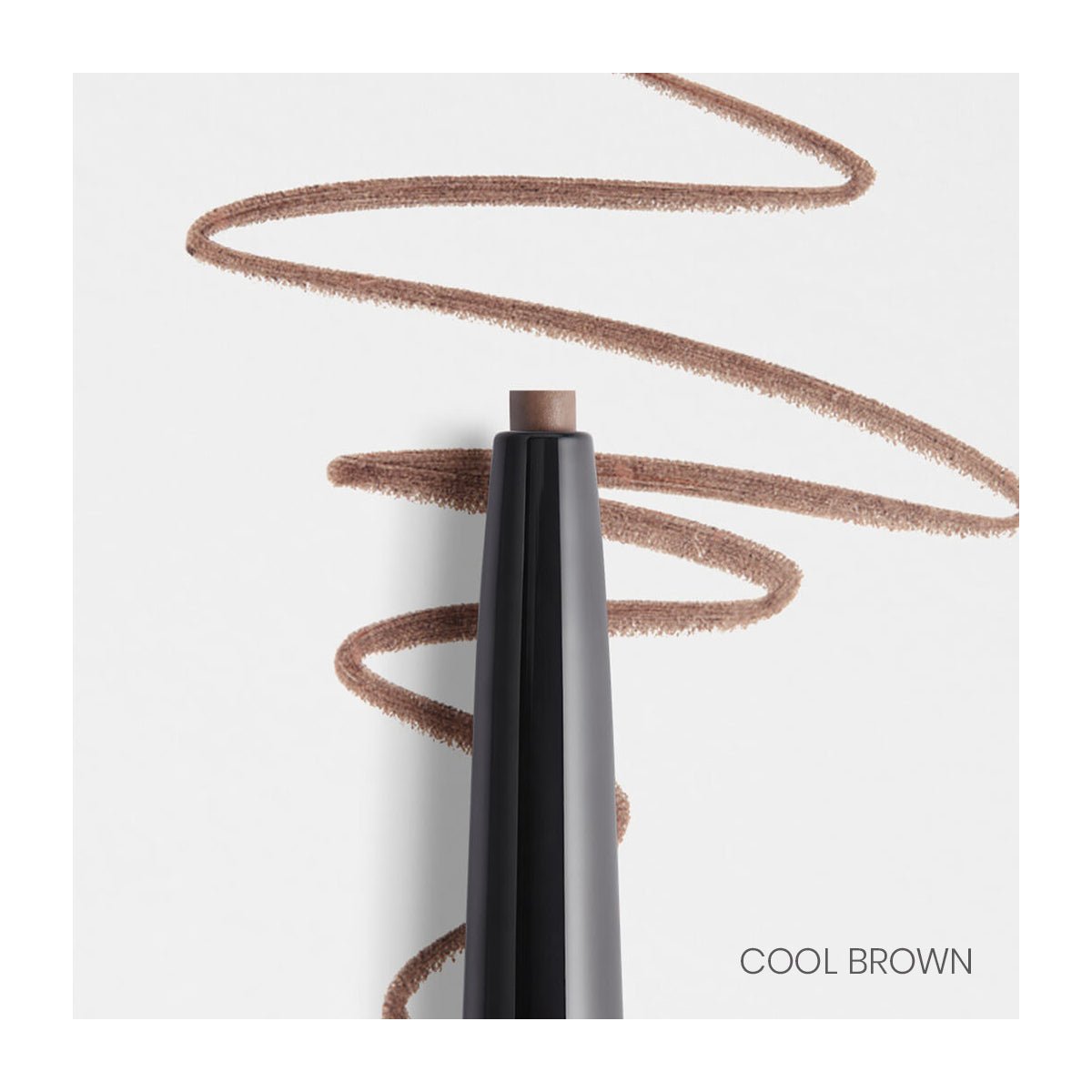 A black RevitaLash Hi-Def Brow Pencil, hypoallergenic and in a long-wear cool brown shade for a natural look, is on a white surface with its tip exposed. A wavy cool brown line is visible in the background with COOL BROWN text at the bottom right.
