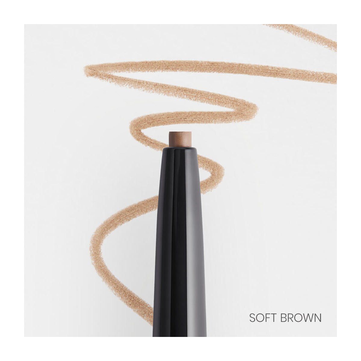 A RevitaLash Hi-Def Brow Pencil from RevitaLash, standing vertically, features a soft brown tip. A wavy line in soft brown highlights its natural look on a white background. Soft Brown is displayed in the bottom right corner.