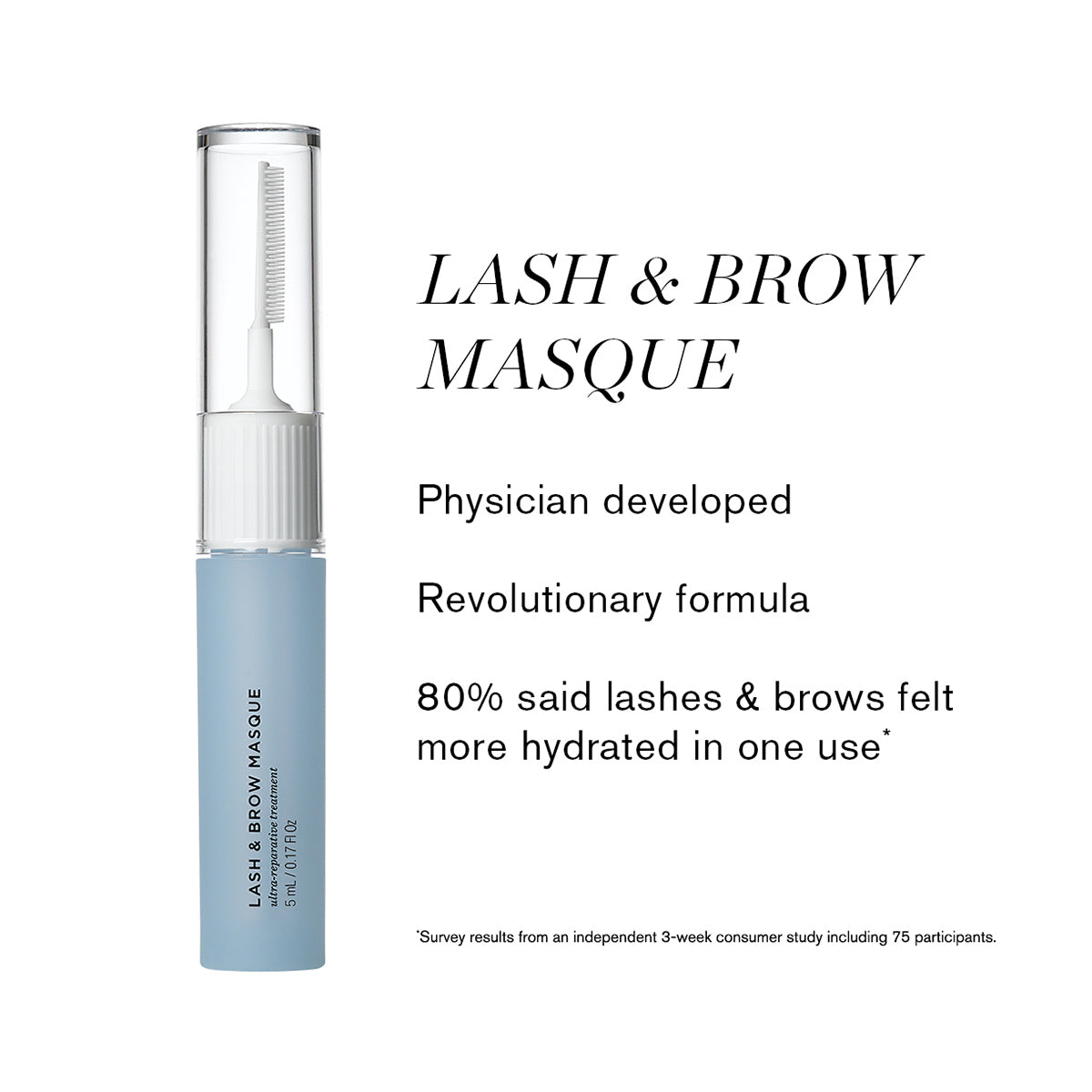Image of a RevitaLash Lash and Brow Masque product with a clear tube and white applicator. Text reads: RevitaLash Lash and Brow Masque—Physician developed revolutionary lash repair formula. 80% reported lashes and brows felt more hydrated after one use. Includes survey disclaimer.