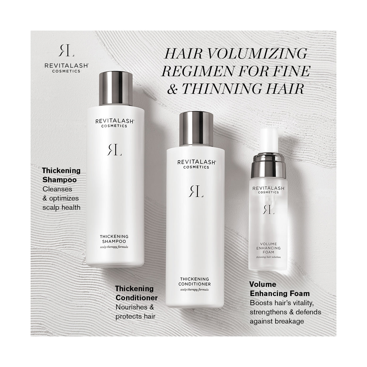 The RevitaLash Volumizing Hair Collection Bundle, featuring Thickening Shampoo, Conditioner with biotin, and Volume Enhancing Foam, is displayed on a light surface. The text reads: Hair Volumizing Regimen for Fine & Thinning Hair.