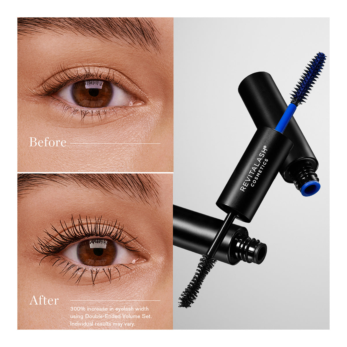 Close-up of eyes labeled Before and After. The After eye boasts thicker, longer lashes. Next to them is a RevitaLash Double-Ended 2-in-1 Lash Primer & Mascara Volume Set, with the applicator open.