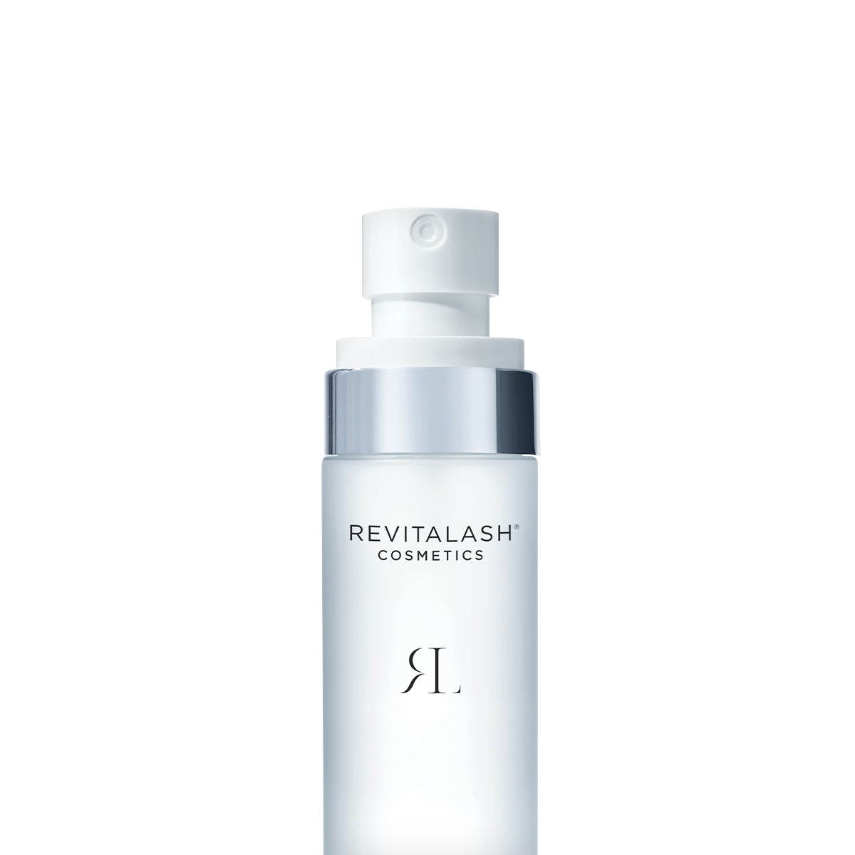 The RevitaLash Micellar Water Lash Wash comes in a clear bottle with a silver cap, featuring REVITALASH COSMETICS and RL in black. Perfect for sensitive eyes, this hypoallergenic makeup remover (100mL) is showcased neatly against a white background.