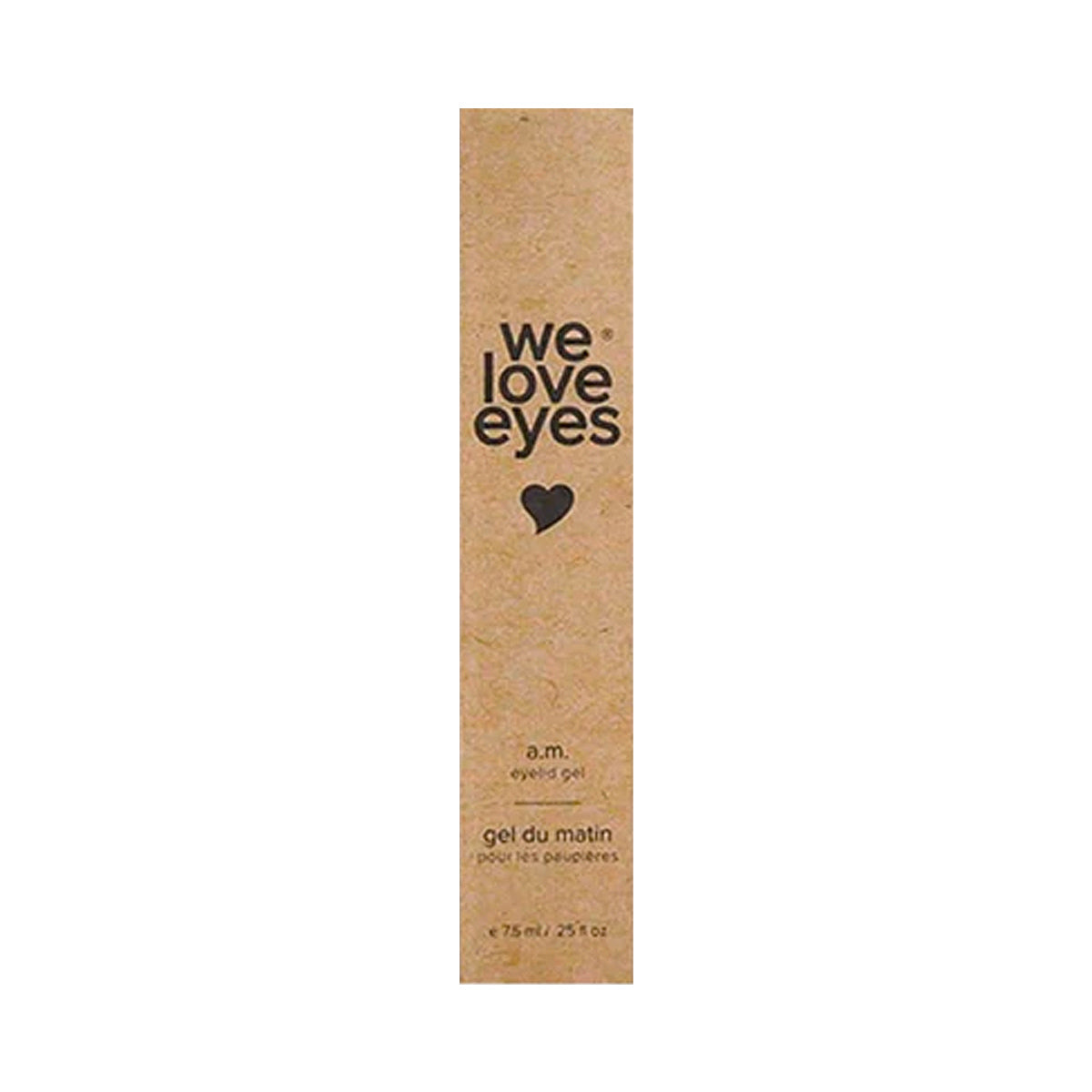 A tall beige rectangular box labeled We Love Eyes with a heart symbol features the AM Eyelid Gel. It includes the text gel du matin pour les paupières and size 7.5 mL / .25 fl oz, highlighting hydrating eye care benefits and support for meibomian gland health.