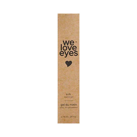 A tall beige rectangular box labeled We Love Eyes with a heart symbol features the AM Eyelid Gel. It includes the text gel du matin pour les paupières and size 7.5 mL / .25 fl oz, highlighting hydrating eye care benefits and support for meibomian gland health.