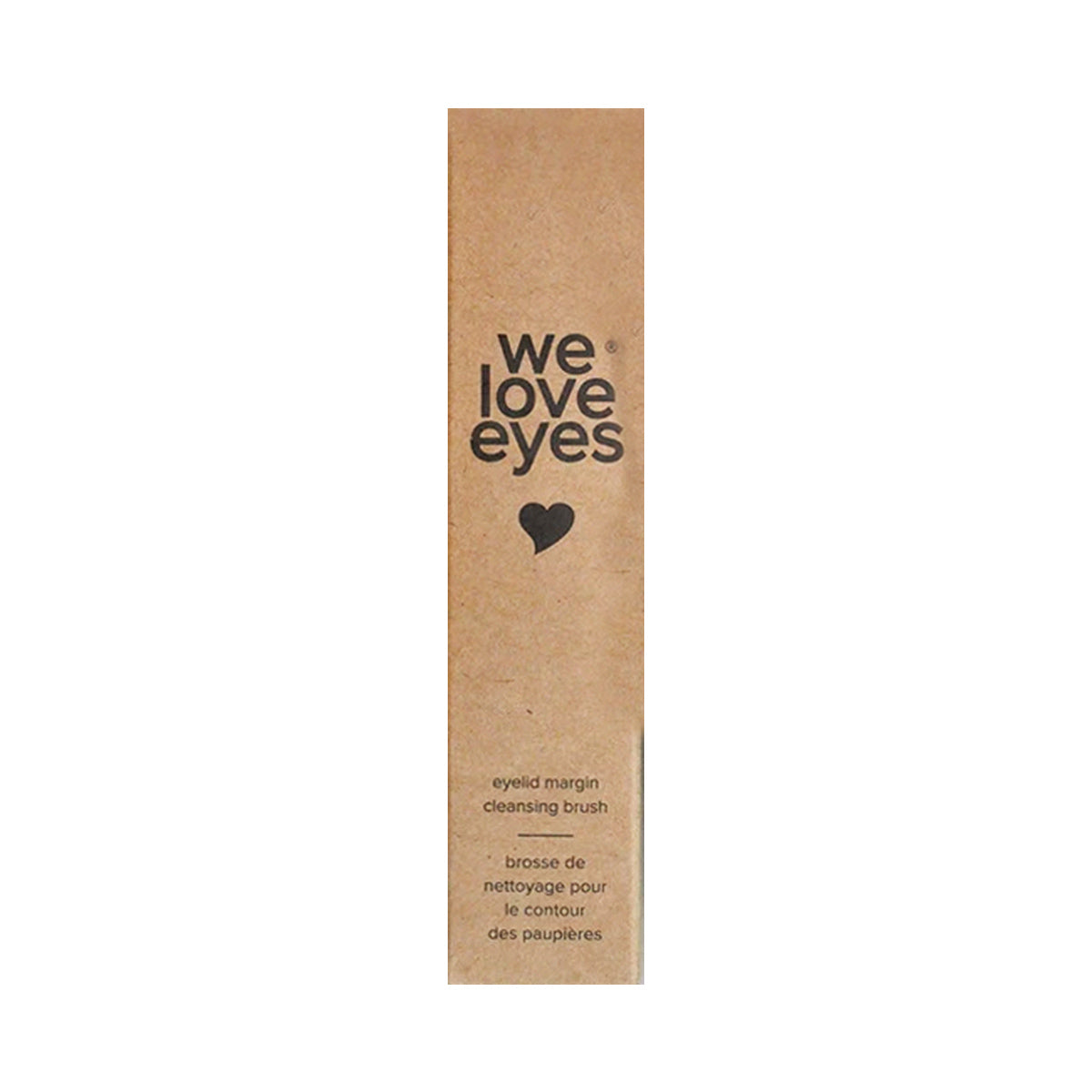 Brown rectangular box labeled with We Love Eyes and a heart icon. Below, it says Eyelid Margin Cleansing Brush in English and French. The eco-friendly design uses a tiered fiber structure to promote lash follicle health.