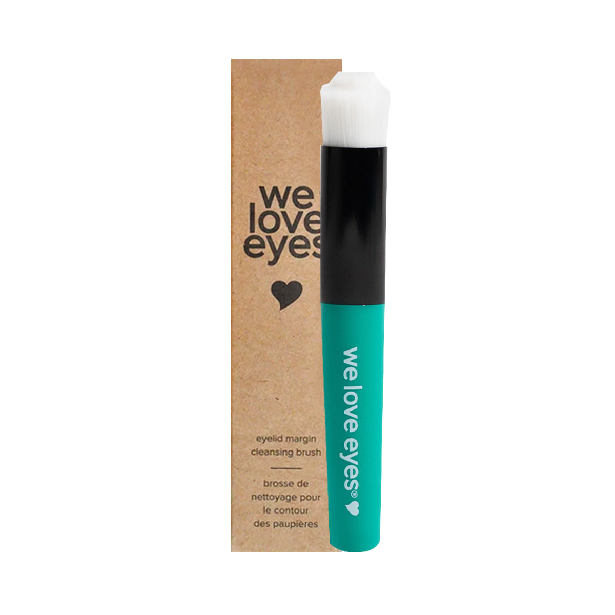 A teal and black We Love Eyes eyelid cleansing brush with white bristles, designed for lash health, comes in a we love eyes cardboard box with a heart symbol. The box includes English and French text.