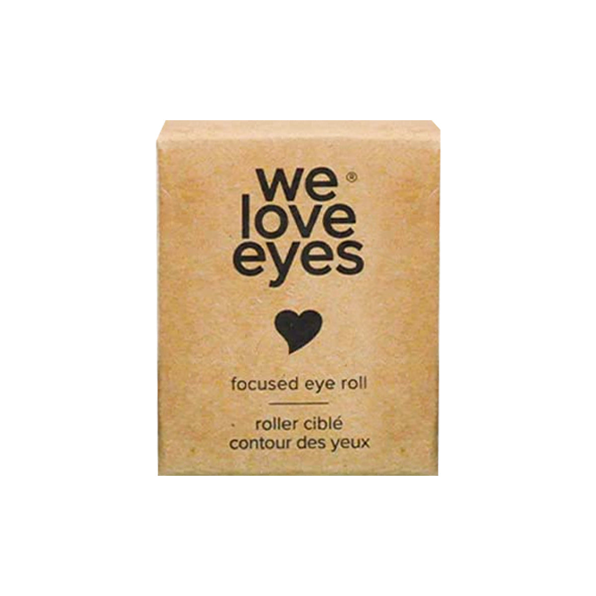 A cardboard box features We Love Eyes above a heart, with Focused Eye Roll and the French roller ciblé contour des yeux. Its minimalist light brown design hints at improved eye cream absorption with a stainless steel eye roller.
